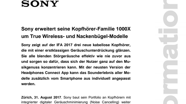 Sony erweitert seine Kopfhörer-Familie 1000X um True Wireless- und Nackenbügel-Modelle 