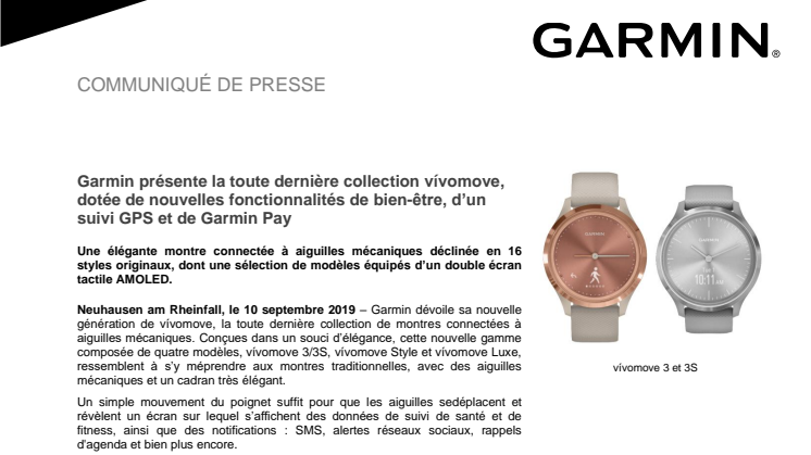 Garmin présente la toute dernière collection vívomove, dotée de nouvelles fonctionnalités de bien-être, d’un suivi GPS et de Garmin Pay