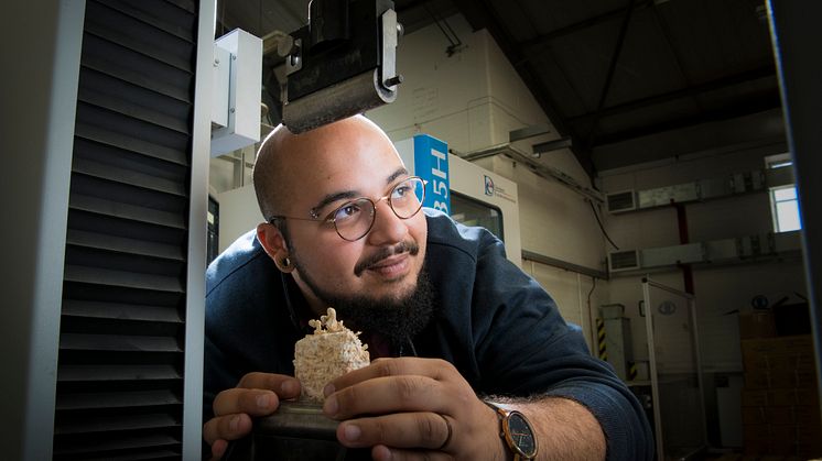 Ehab Sayed with his eco-friendly construction materials.