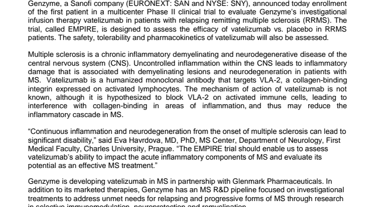 Genzyme Announces Enrollment of First Patient in Phase II Vatelizumab Trial in Relapsing Remitting Multiple Sclerosis