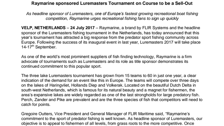 Raymarine: Raymarine sponsored Luremasters Tournament on Course to be a Sell-Out
