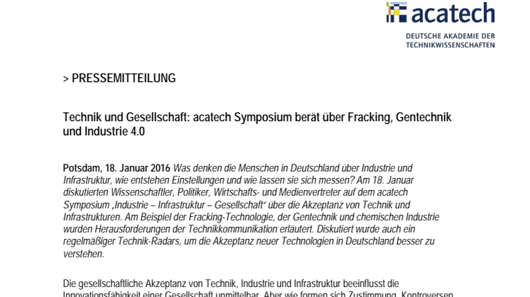 Technik und Gesellschaft: acatech Symposium berät über Fracking, Gentechnik und Industrie 4.0