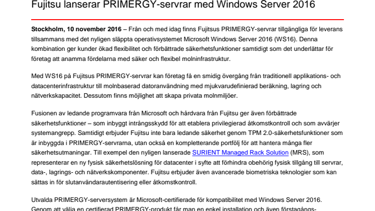 Fujitsu lanserar PRIMERGY-servrar med Windows Server 2016