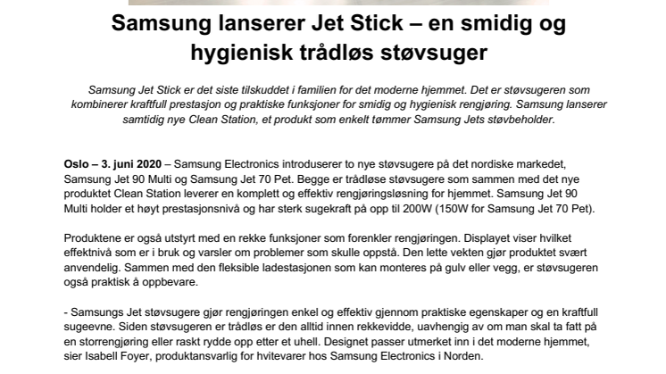 Samsung lanserer Jet Stick – en smidig og hygienisk trådløs støvsuger