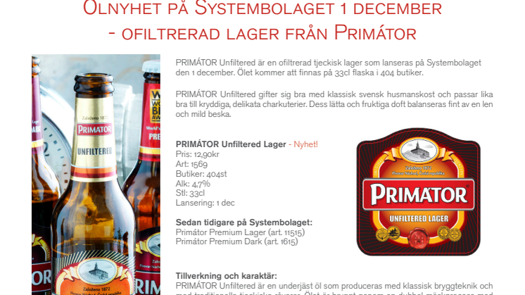 Ölnyhet på Systembolaget 1 december - Ofiltrerad lager från PRIMÀTOR