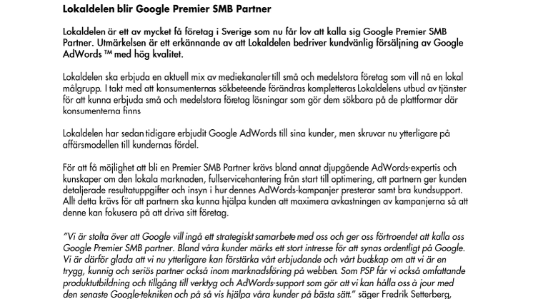 Lokaldelen blir Google Premier SMB Partner