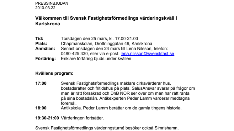 Pressinbjudan: Välkommen till Svensk Fastighetsförmedlings värderingskväll i Karlskrona