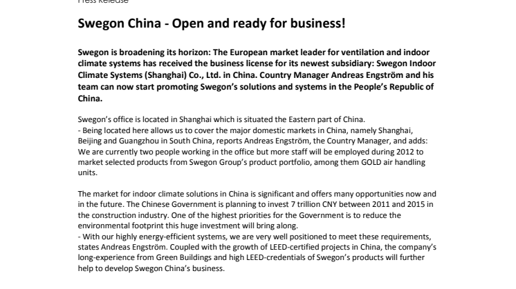 Swegon China - Open and ready for business!