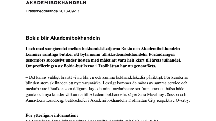 Bokia i Trollhättan blir Akademibokhandeln 