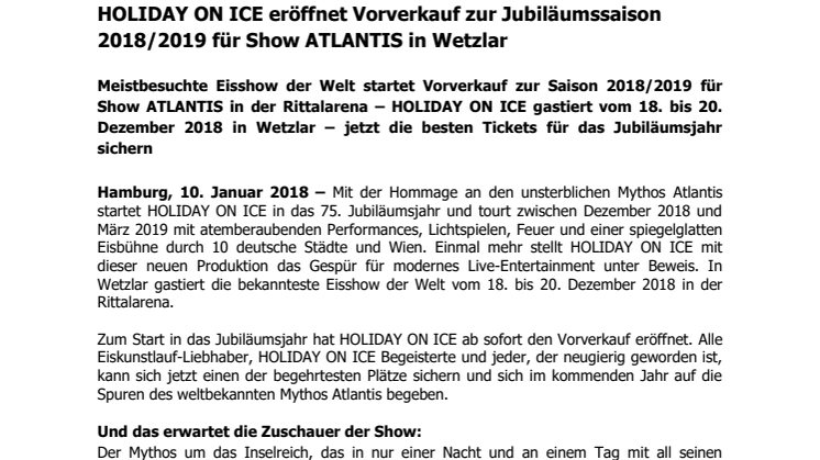 HOLIDAY ON ICE eröffnet Vorverkauf zur Jubiläumssaison 2018/2019 für Show ATLANTIS in Wetzlar