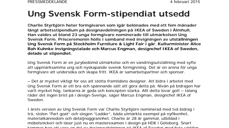 Ung Svensk Form-stipendiat utsedd