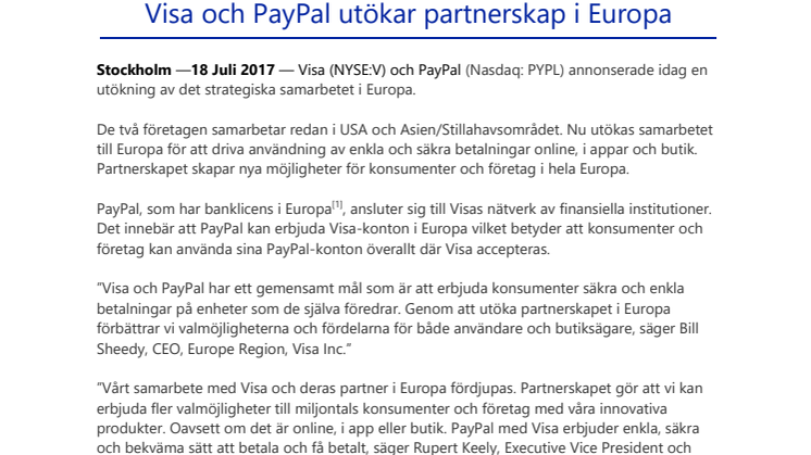 Visa och PayPal utökar partnerskap i Europa 
