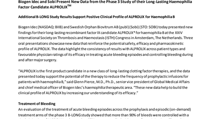 Biogen Idec and Sobi Present New Data from the Phase 3 Study of their Long-Lasting Haemophilia Factor Candidate ALPROLIX (TM)