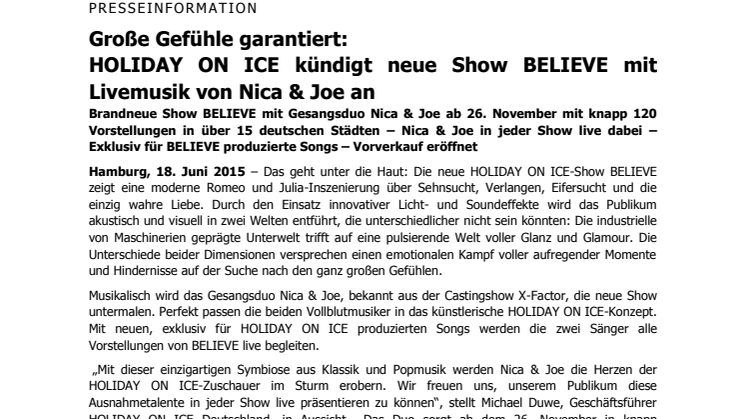 Große Gefühle garantiert: HOLIDAY ON ICE kündigt neue Show BELIEVE mit Livemusik von Nica & Joe an