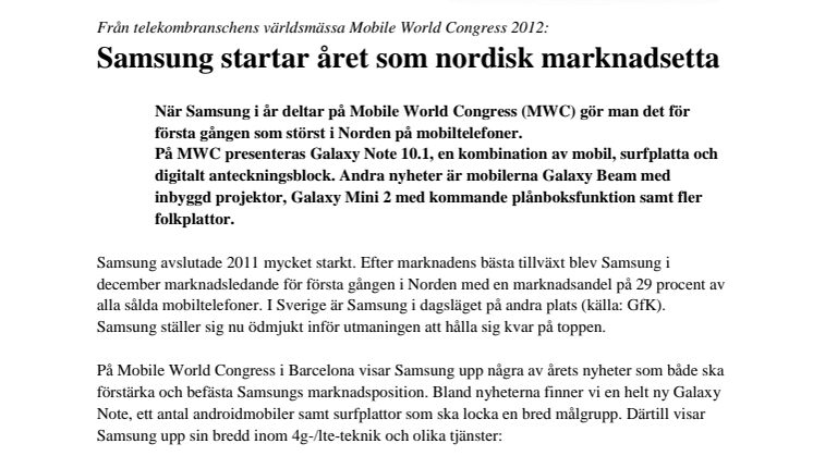 Från telekombranschens världsmässa Mobile World Congress 2012: Samsung startar året som nordisk marknadsetta