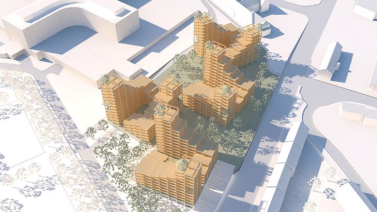 LINK Arkitekturs projektförslag där stommen till Helsingborgs nedlagda sjukhusprojekt återbrukas till ett nytt attraktivt bostadsområde