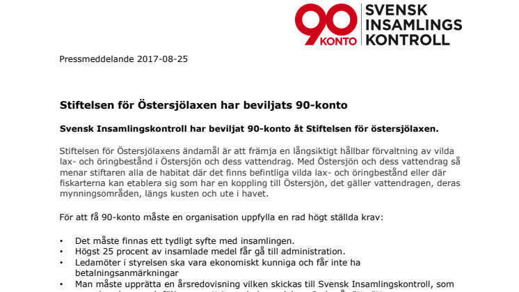 Stiftelsen för Östersjölaxen har beviljats 90-konto