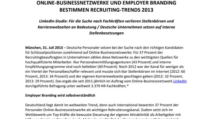 Online-Businessnetzwerke und Employer Branding bestimmen Recruiting-Trends 2013