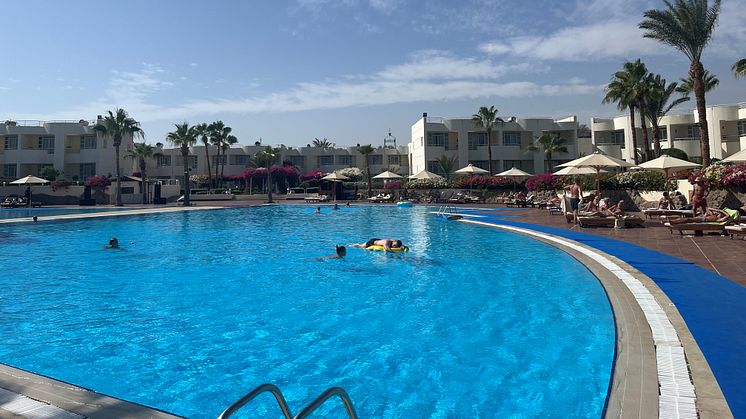 Amisol Travel har belagt hotellet Sharm Reef på Egyptens Sinai-halvø med 50 procent for at skabe luft mellem gæsterne, i restauranten og ved poolen. Foto: PR.