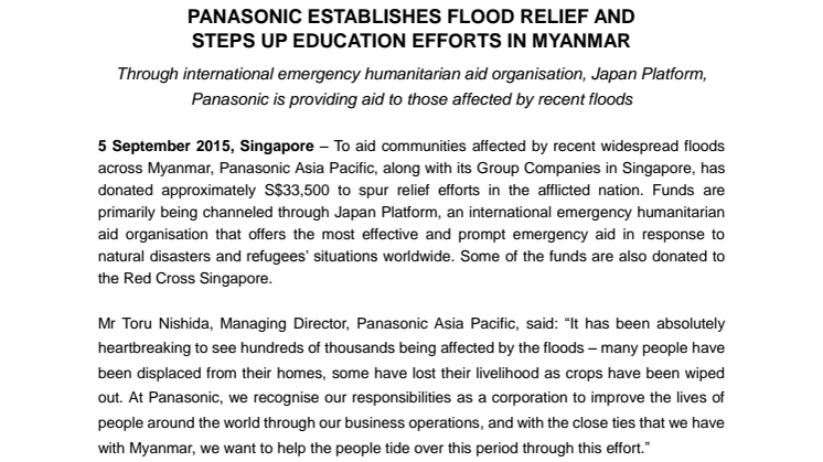 Panasonic establishes flood relief and steps up education efforts in Myanmar