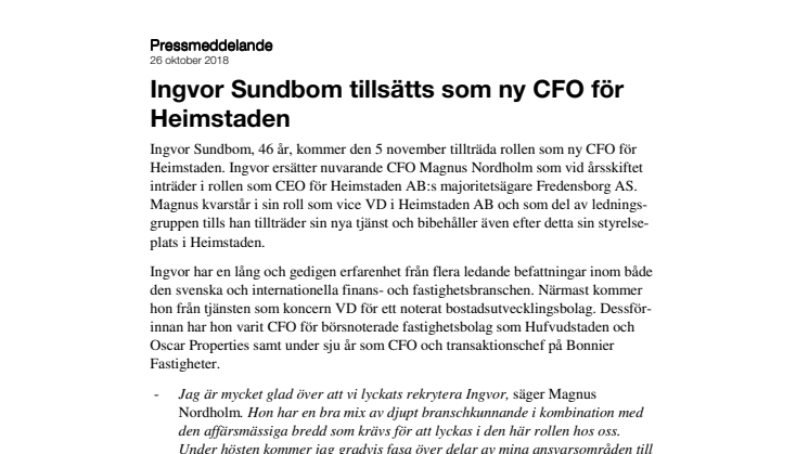 Ingvor Sundbom tillsätts som ny CFO för Heimstaden