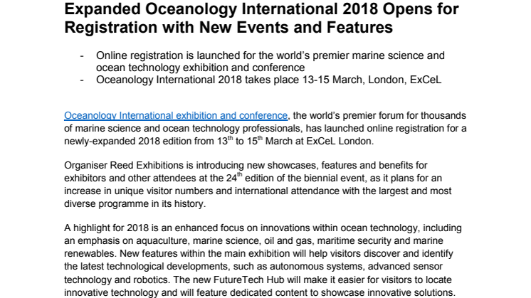 Expanded Oceanology International 2018 Opens for Registration with New Events and Features