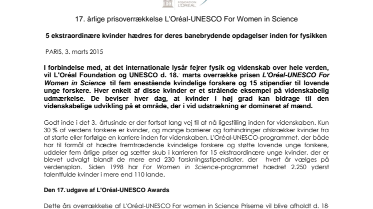 17. årlige prisoverrækkelse L'ORÉAL-UNESCO For Women in Science