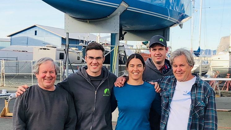 Ocean Signal-sponsored solo rower Lia Ditton with: (from left) Jim Betts, Geoff Thilo, Will Porter and Jim Antrim