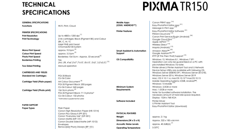 Specifications PIXMA TR150