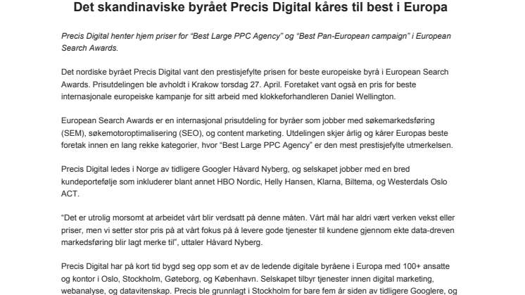 Det skandinaviske byrået Precis Digital kåres til best i Europa