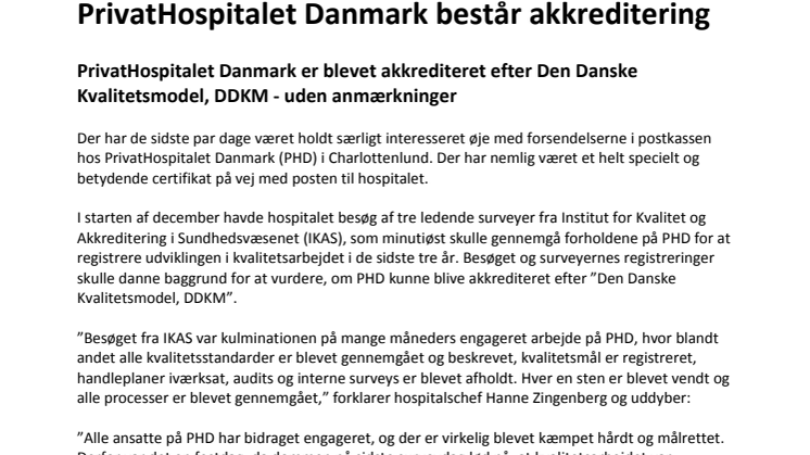 PrivatHospitalet Danmark består akkreditering 
