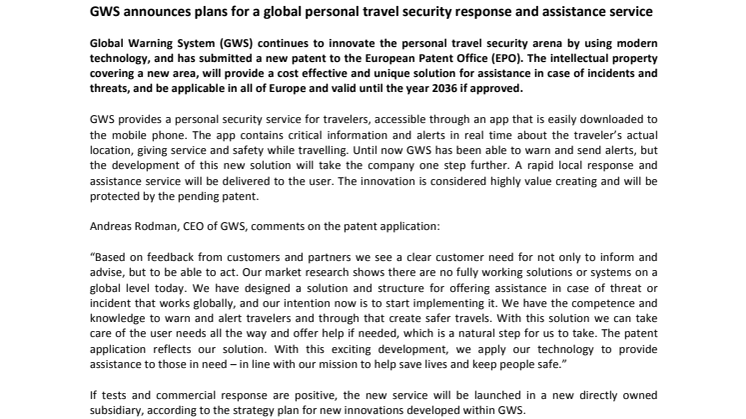 GWS announces plans for a global personal travel security response and assistance service 