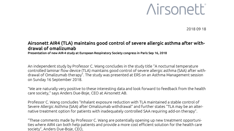 Airsonett AIR4 (TLA) maintains good control of severe allergic asthma after withdrawal of Omalizumab