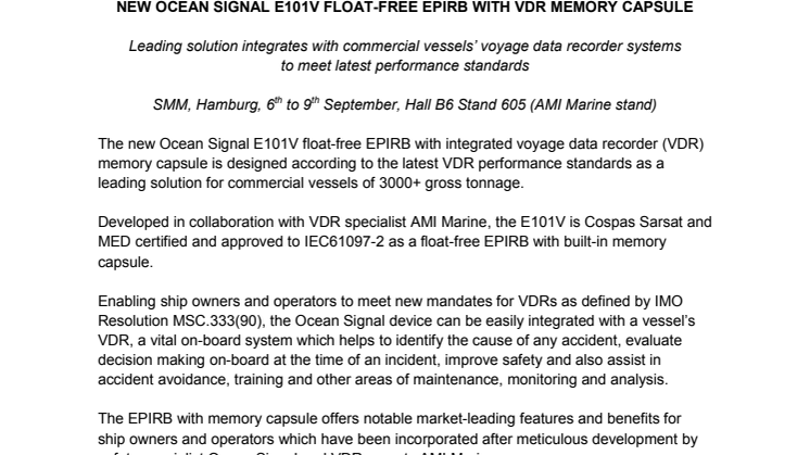 Ocean Signal: SMM 2016: New Ocean Signal E101V Float-Free EPIRB with VDR Memory Capsule