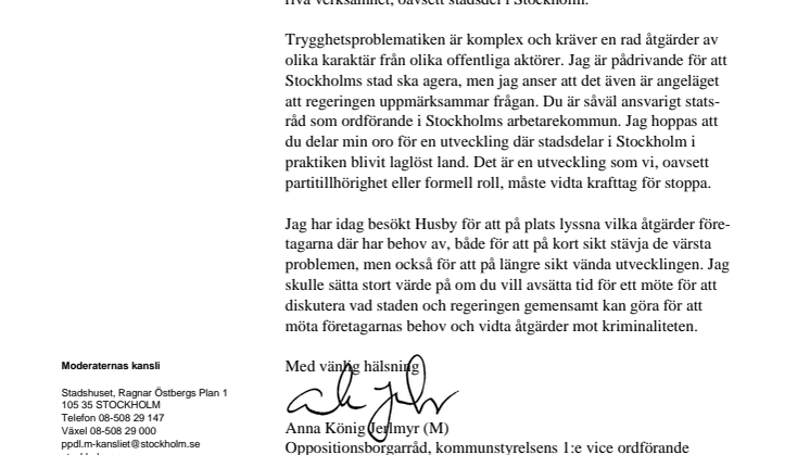 Moderaternas öppna brev till inrikesminister Anders Ygeman.