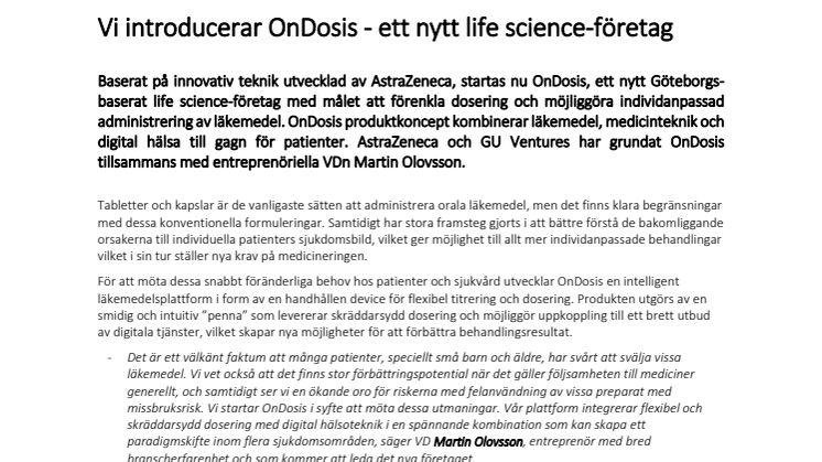 Vi introducerar OnDosis - ett nytt life science-företag