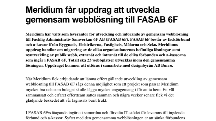 Meridium får uppdrag att utveckla gemensam webblösning till FASAB 6F