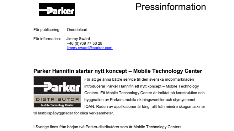 Parker Hannifin startar nytt koncept – Mobile Technology Center
