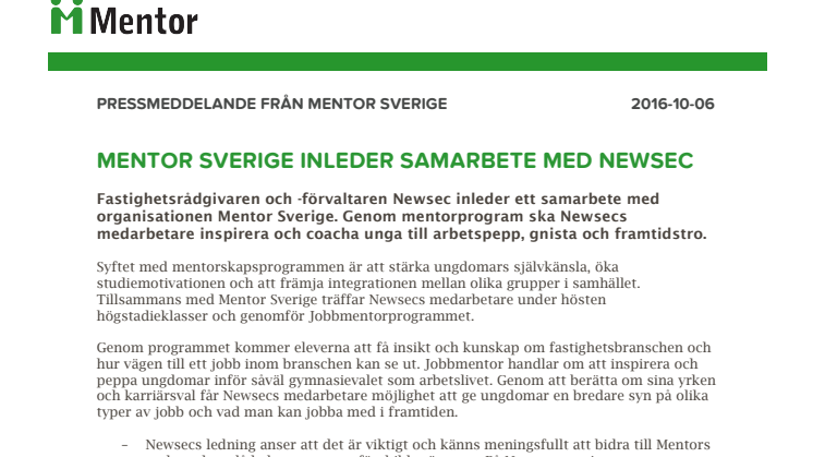 Mentor Sverige inleder samarbete med Newsec