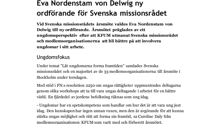 Eva Nordenstam von Delwig ny ordförande för Svenska missionsrådet