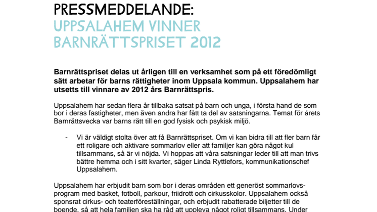 Uppsalahem vinner Barnrättspriset 2012