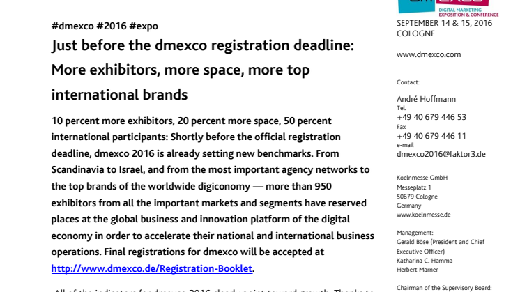 Just before the dmexco registration deadline: More exhibitors, more space, more top international brands