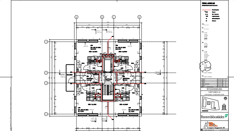 Planritning ett helt våningsplan med 4 lägenheter