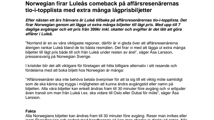 Norwegian firar Luleås comeback på affärsresenärernas tio-i-topplista med extra många lågprisbiljetter