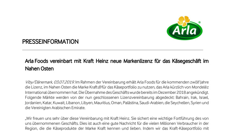 Arla Foods vereinbart mit Kraft Heinz neue Markenlizenz für das Käsegeschäft im Nahen Osten