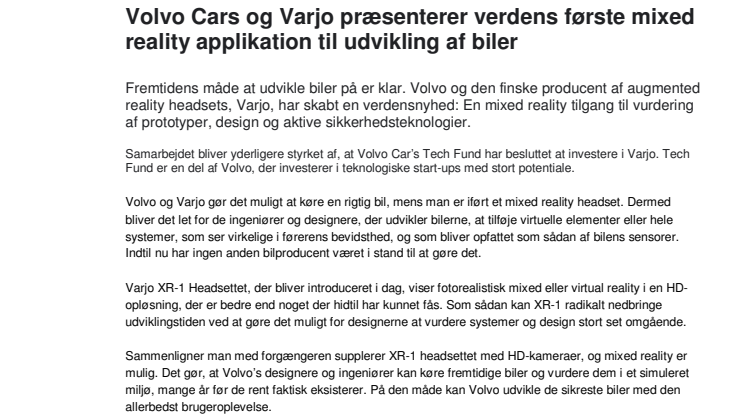 Volvo Cars og Varjo præsenterer verdens første mixed reality applikation til udvikling af biler
