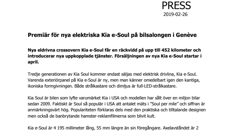 ​Premiär för nya elektriska Kia e-Soul på bilsalongen i Genève