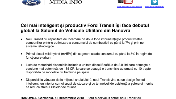 Cel mai inteligent și productiv Ford Transit își face debutul global la Salonul de Vehicule Utilitare din Hanovra