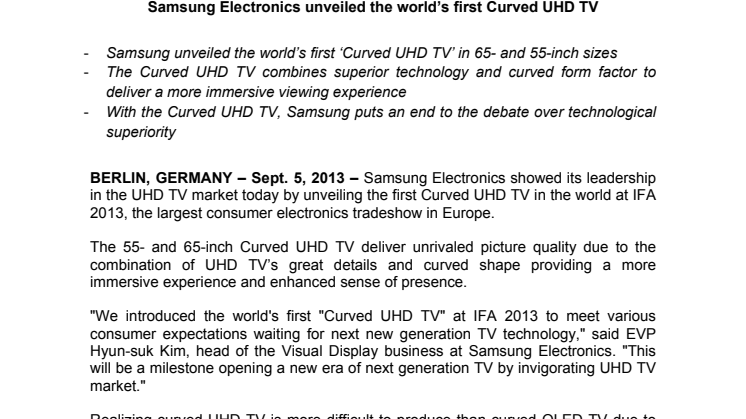 Samsung Electronics unveiled the world’s first Curved UHD TV