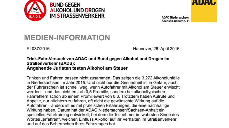 Trink-Fahr-Versuch von ADAC und Bund gegen Alkohol und Drogen im Straßenverkehr (BADS)